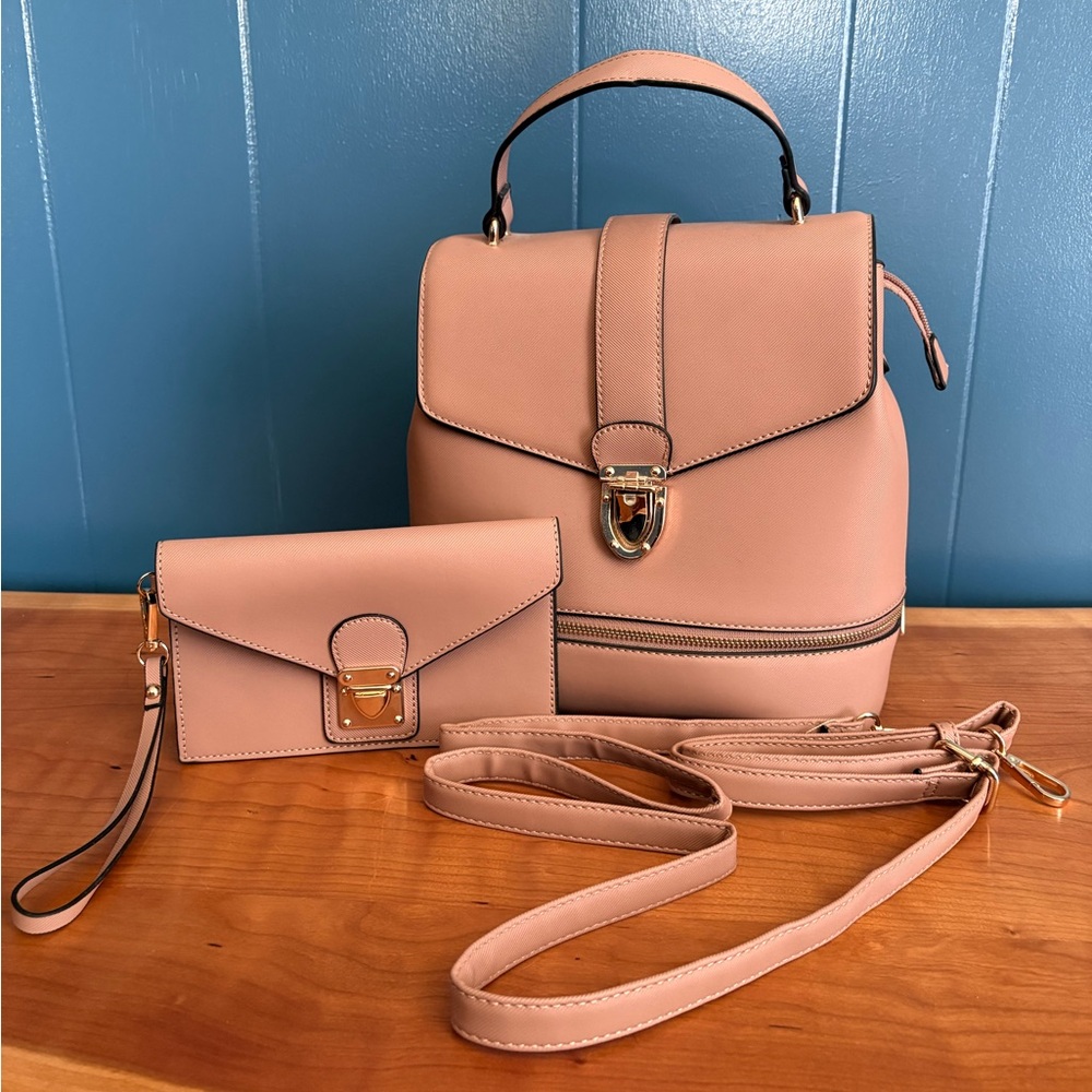 Women’s Pink Top-Handle Backpack & Wallet Set
